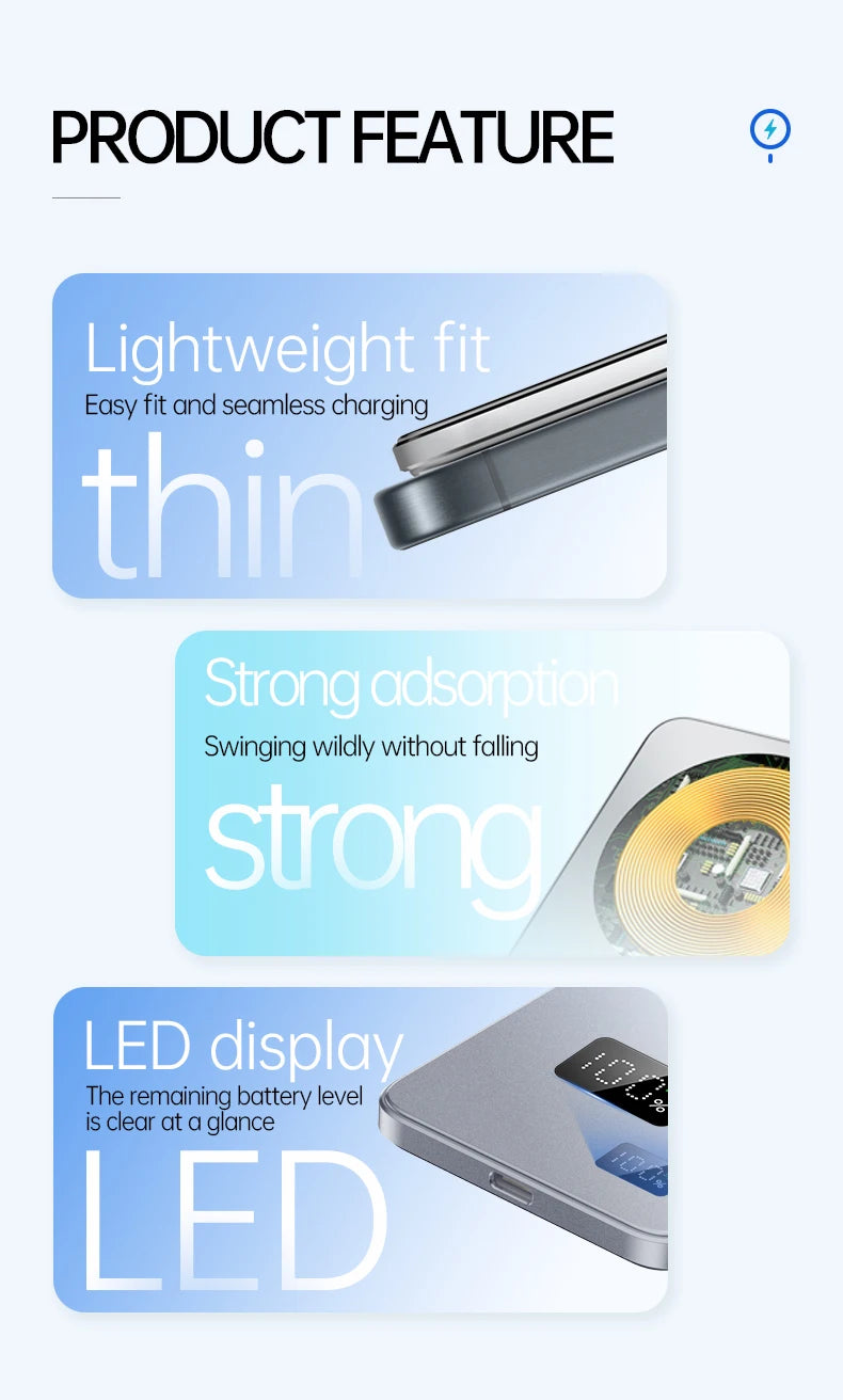 Ultra-Thin 10000mAh Magnetic Power Bank – 20W Wireless Fast Charging for MagSafe, USB-C & Display