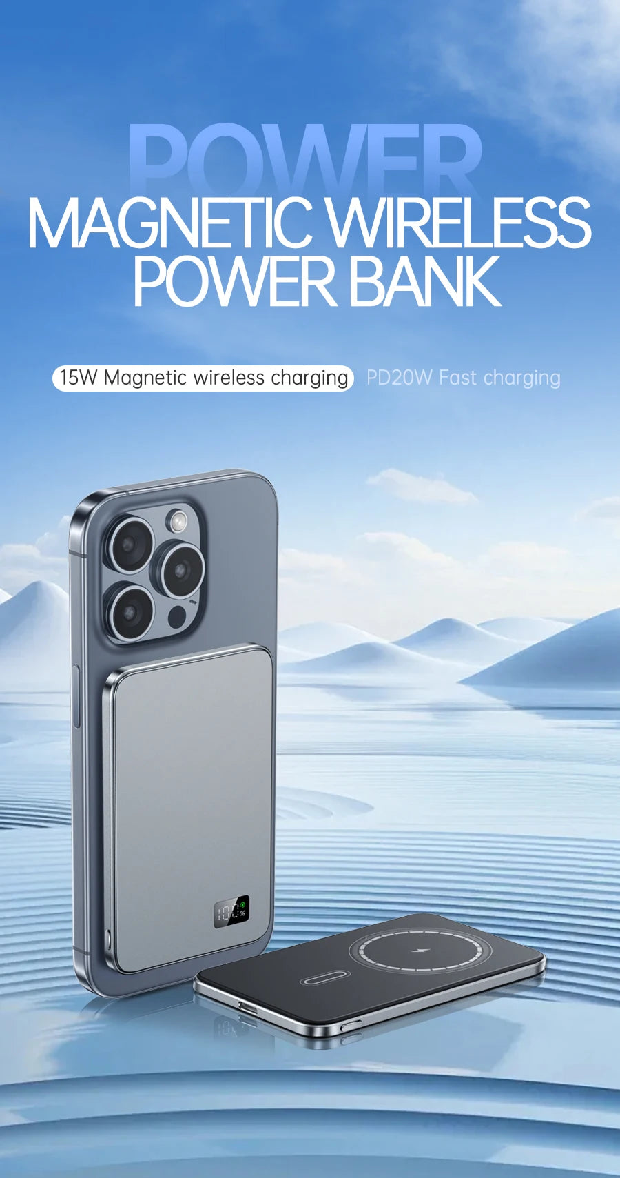 Ultra-Thin 10000mAh Magnetic Power Bank – 20W Wireless Fast Charging for MagSafe, USB-C & Display