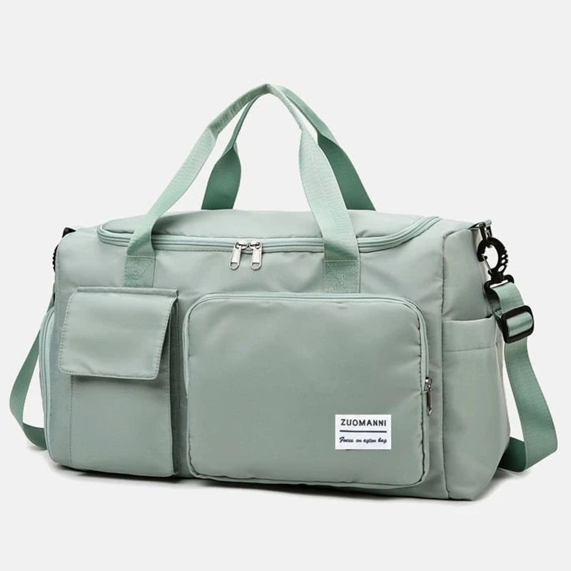 Mint green fitness bag with compartments and mat holder