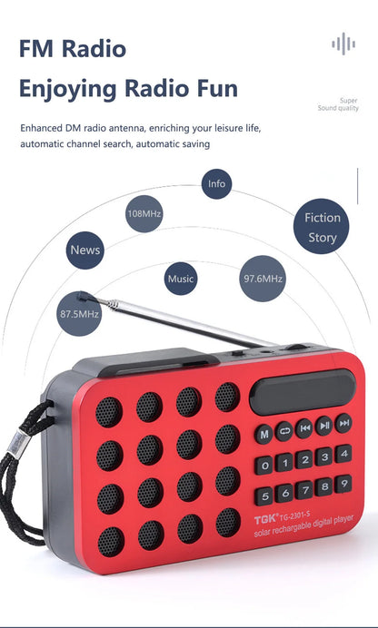 Aizüatec Solar Bluetooth FM Radio – Portable Wireless Speaker with USB, TF Card & Rechargeable Battery