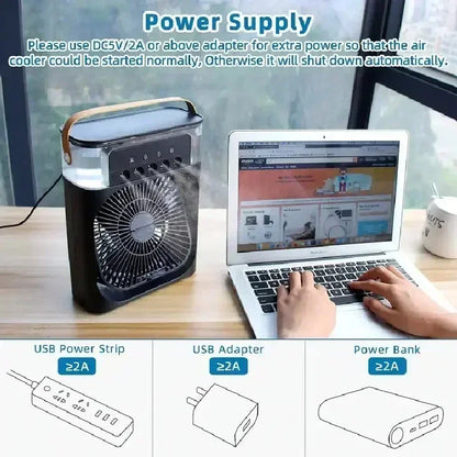 Enfriador de aire portátil 3 en 1 Aizüatec: ventilador, humidificador y mini aire acondicionado con luz LED y alimentación USB
