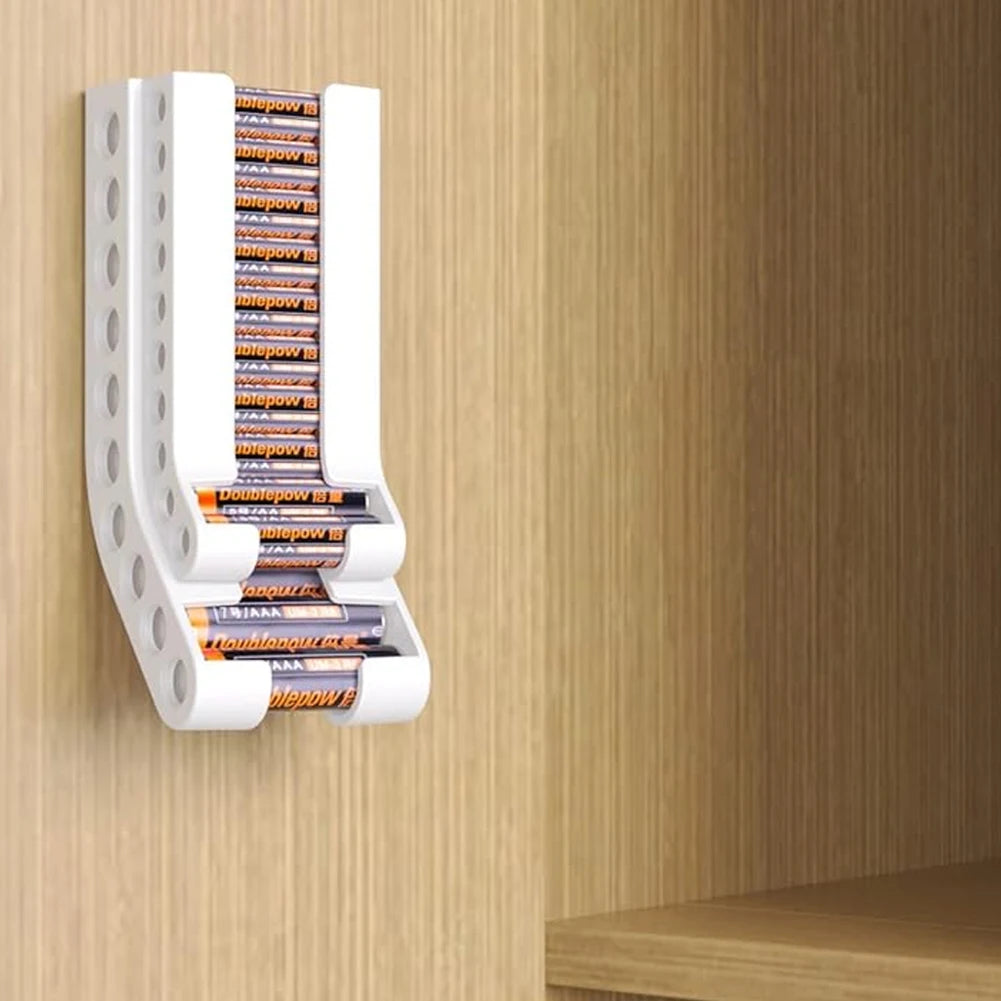 Wall-Mount Battery Organizer – Compact Holder for 10 AA & 10 AAA Batteries, with Adhesive & Screws