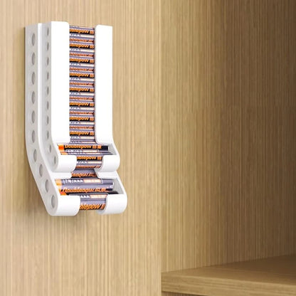 Wall-Mount Battery Organizer – Compact Holder for 10 AA & 10 AAA Batteries, with Adhesive & Screws