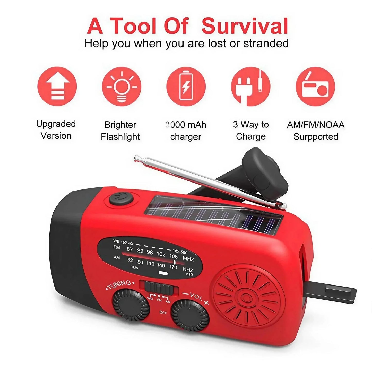 Aizüatec Emergency Solar Radio – Hand-Crank AM/FM/NOAA, Power Bank & LED Flashlight with USB Charging