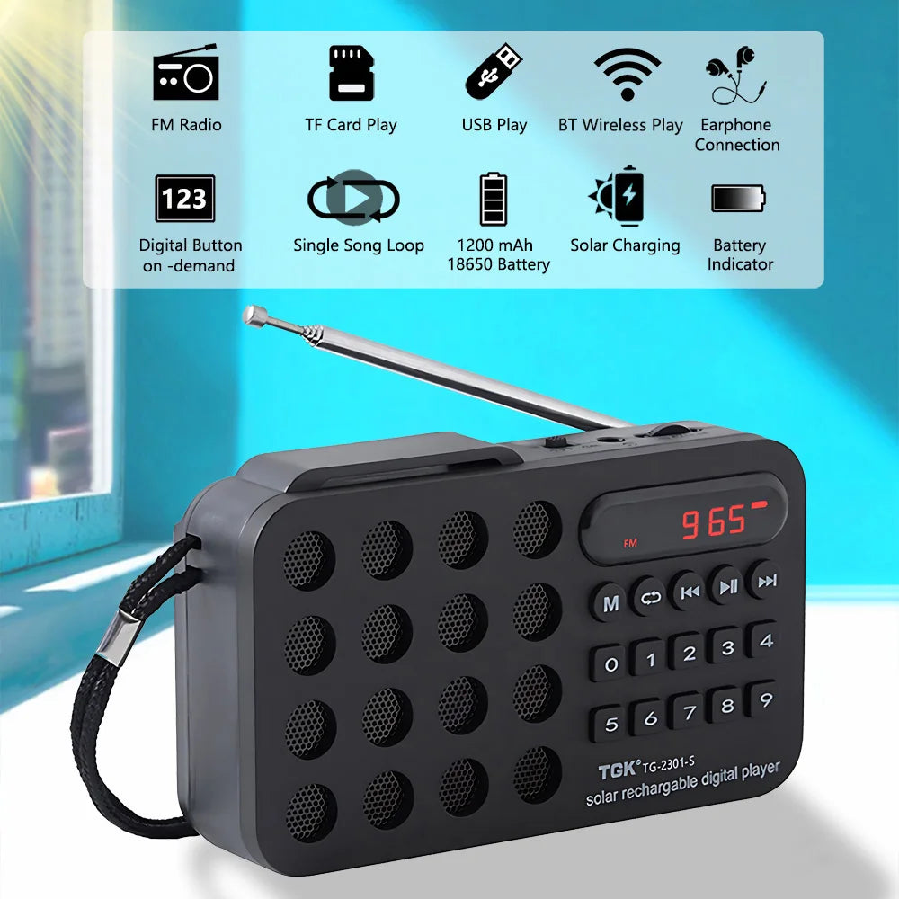 Aizüatec Solar Bluetooth FM Radio – Portable Wireless Speaker with USB, TF Card & Rechargeable Battery