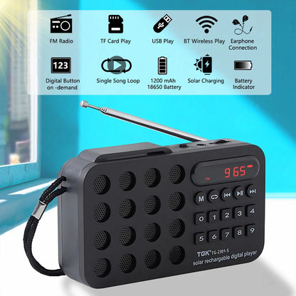 Aizüatec Solar Bluetooth FM Radio – Portable Wireless Speaker with USB, TF Card & Rechargeable Battery
