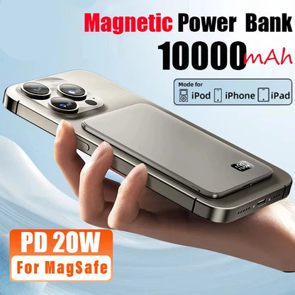 Ultra-Thin 10000mAh Magnetic Power Bank – 20W Wireless Fast Charging for MagSafe, USB-C & Display