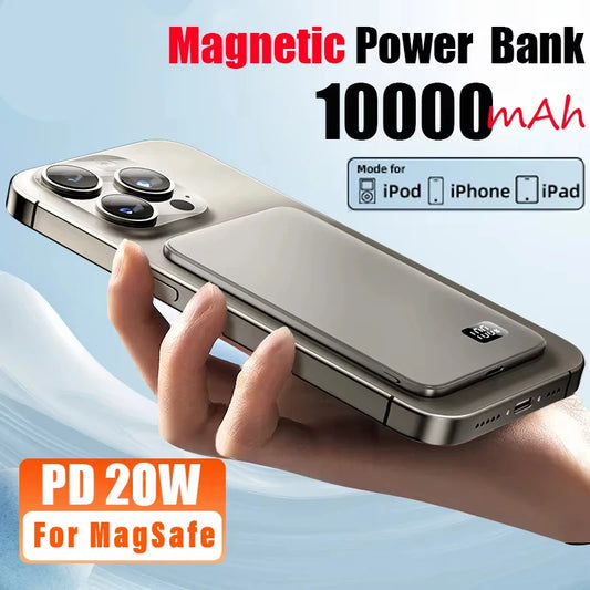 Ultra-Thin 10000mAh Magnetic Power Bank – 20W Wireless Fast Charging for MagSafe, USB-C & Display