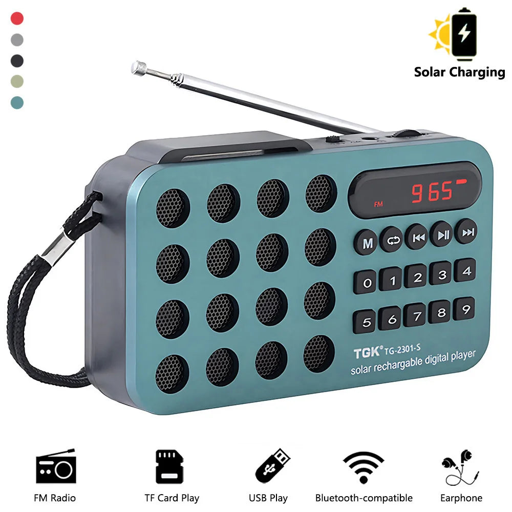 Aizüatec Solar Bluetooth FM Radio – Portable Wireless Speaker with USB, TF Card & Rechargeable Battery