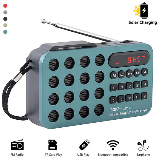 Aizüatec Solar Bluetooth FM Radio – Portable Wireless Speaker with USB, TF Card & Rechargeable Battery