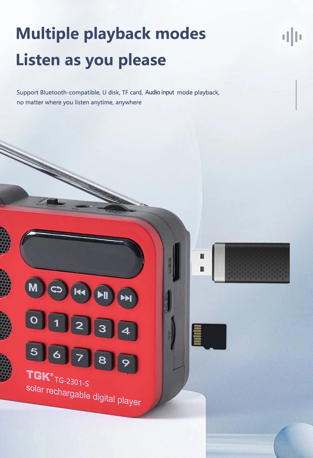 Aizüatec Solar Bluetooth FM Radio – Portable Wireless Speaker with USB, TF Card & Rechargeable Battery