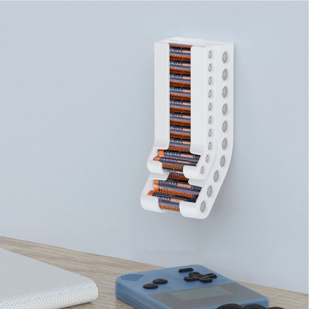 Wall-Mount Battery Organizer – Compact Holder for 10 AA & 10 AAA Batteries, with Adhesive & Screws